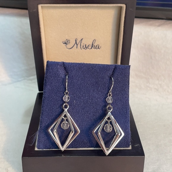 Mischa silver geometric cage drop earrings with crystals 2”. IOB - Picture 5 of 9